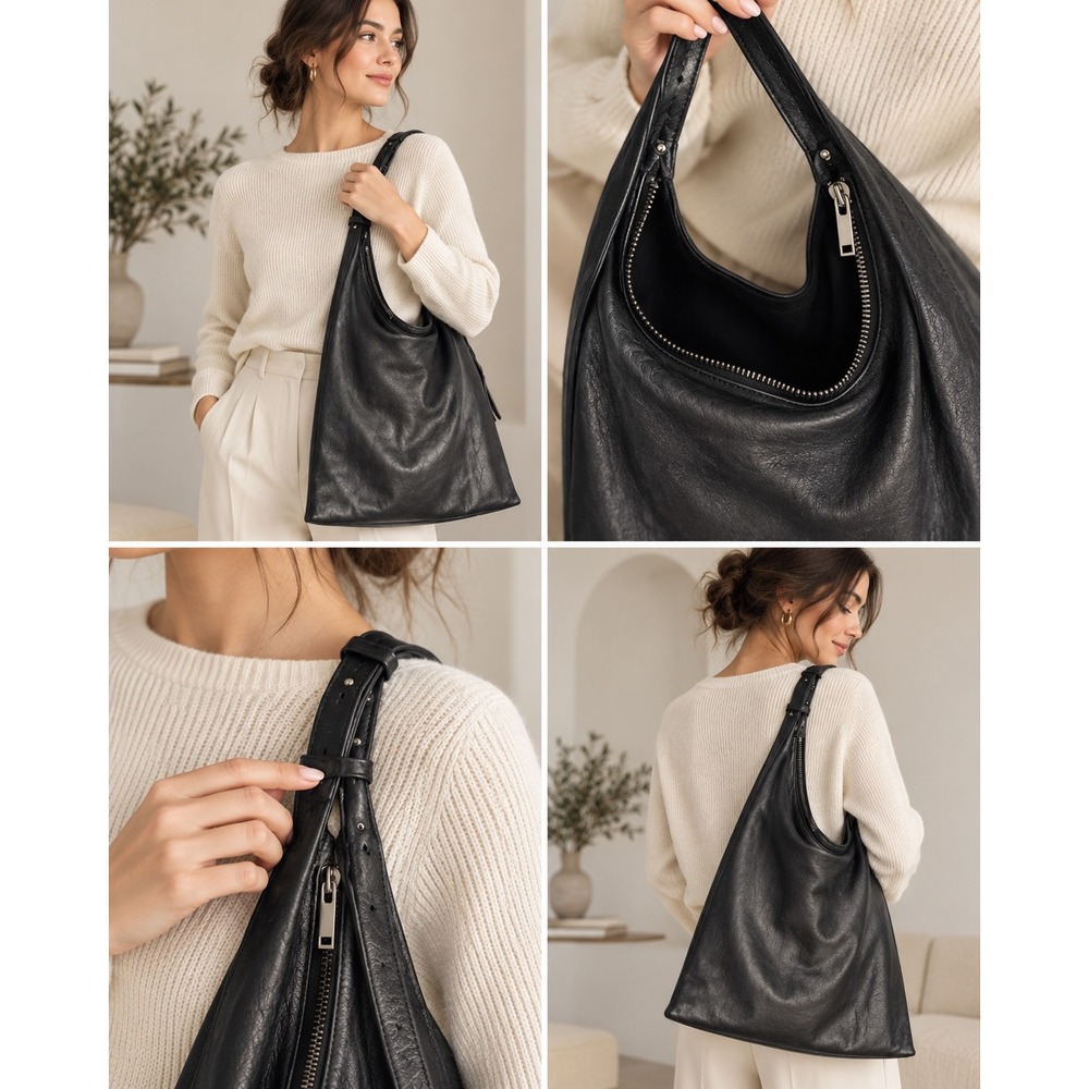 COS Black Leather Hobo Bag Oversized Slouchy Shoulder  Adjustable Strap Zipper